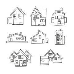 Hand drawn vector doodle of a set of residential houses in black and white
