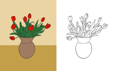 Colorful hand drawn vector drawing of a beautiful bunch of tulips