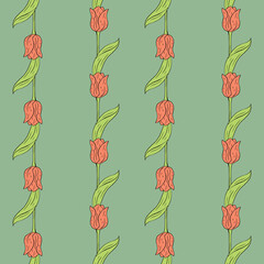Vintage seamless pattern with pink tulips flowers and leaves on green background