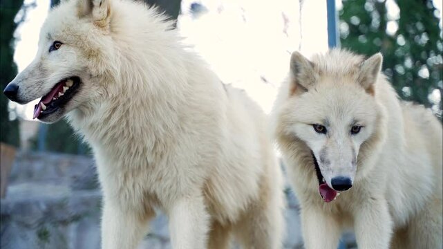 3 the white wolf and the wolf cuddle and stand next to each other
