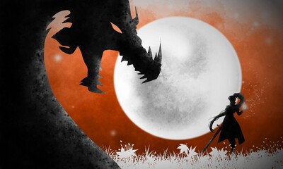 The legend of the dragon knight. Fantasy silhouette art