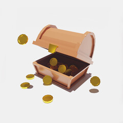 Open chest 3d rendered wooden and lowpoly illustration with a lot of golden coins in white isolated background