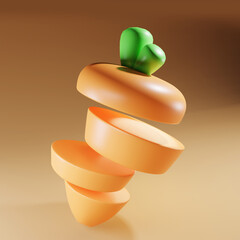 Carrot 3d rendering beautiful smooth illustration in orange background with simple shapes and multiple sliced