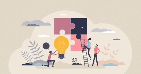 Creative planning and innovative solution for work task tiny person concept. Creativity and efficient approach after brainstorm process vector illustration. Job optimization with thinking out of box.