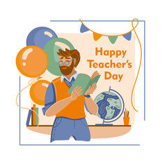 Obraz na płótnie Canvas Happy teacher in classroom. World teachers day. Child education. Flat illustration.