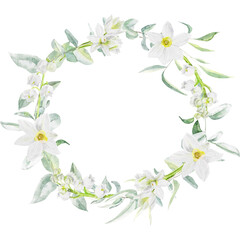 Watercolor wreath with eucalyptus and daffodil flowers