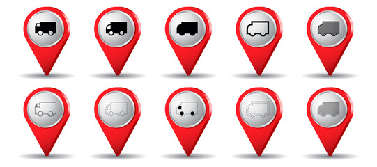 Location pins with truck icon - vector illustration