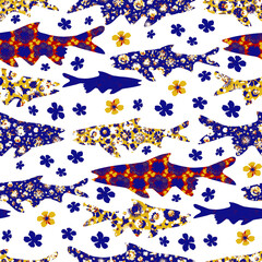 Patterned floral sardine festival fish seamless pattern. Stylised watercolor st Anthony party flower fishes effect. Summer food background. Whimsical Lisbon hand drawn food festival isolated design.