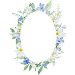 Fototapeta na wymiar Watercolor oval frame with eucalyptus, bluebell and daffodil flowers