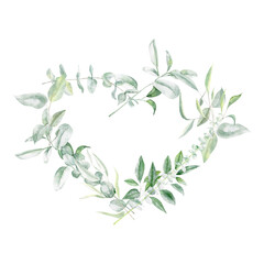 Watercolor heart wreath with eucalyptus