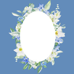 Watercolor oval frame with eucalyptus, bluebell and daffodil flowers