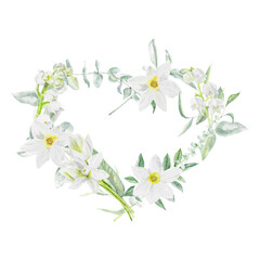 Handpainted watercolor heart wreath with daffodil flowers