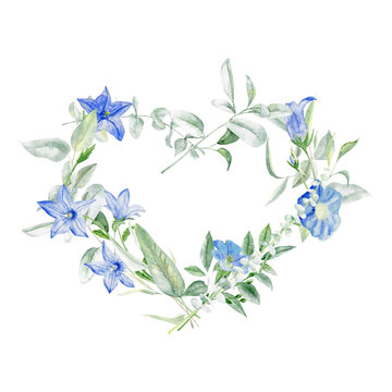 Handpainted watercolor heart wreath with bluebell flowers