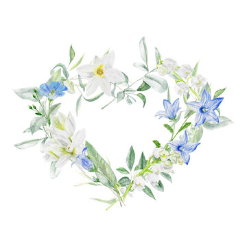Handpainted watercolor heart wreath with bluebell and daffodil flowers