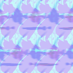 Fototapeta na wymiar Ultraviolet iridescent fish pattern background. Modern digital lavender peri purple under the sea fishes texture. Tropical calm coastal wellness all over print.