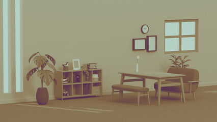 3Dイラストレーションで構成されたノスタルジックな室内のイメージ。