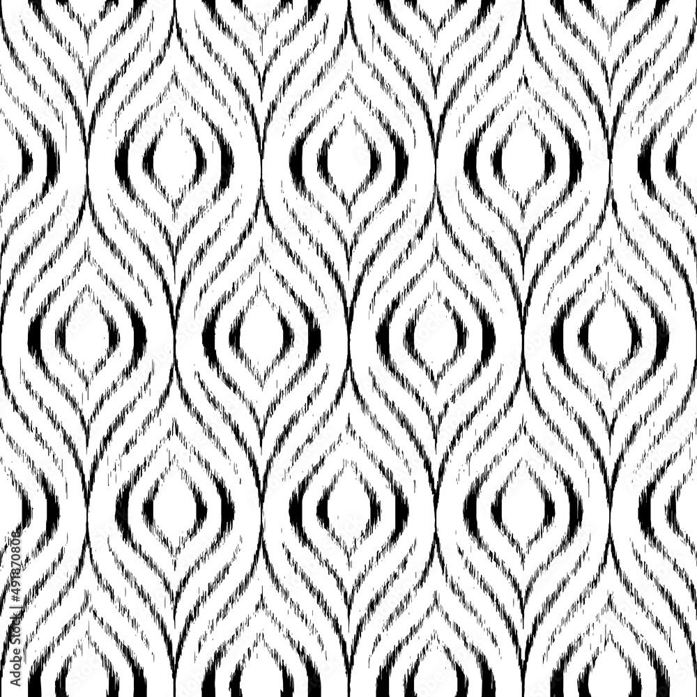 Poster ikat seamless pattern. black ogee texture on white background. repeated navajo pattern. repeating tr