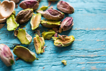 Freshly harvested organic pistachio nuts, shelled, ready to eat. Nuts. Pistacia vera
