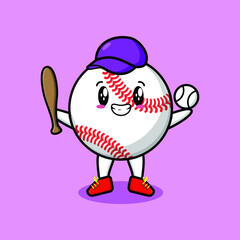 Cute cartoon baseball ball character playing baseball in modern style design