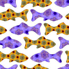 Colorful cute floral sardine festival fish seamless pattern. Stylised watercolor flower patterned fishes effect. Playful summer food party background. Whimsical Lisbon hand drawn food festival design.