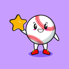 Cute cartoon baseball ball character holding big golden star in cute modern style design