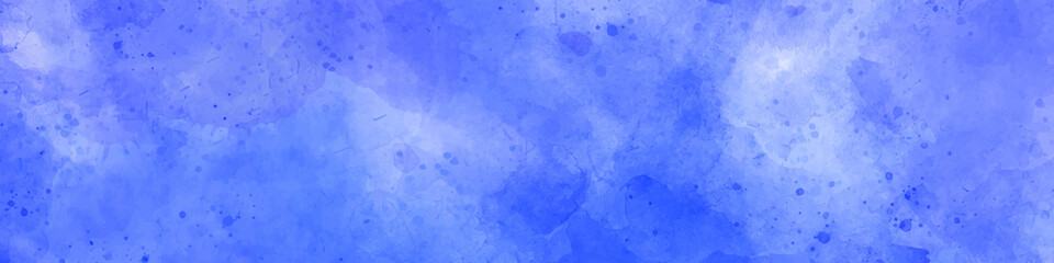 Abstract fantasy dark blue watercolor painted mottled blue background with vintage marbled textured design on cloudy sky blue banner panoramic background.