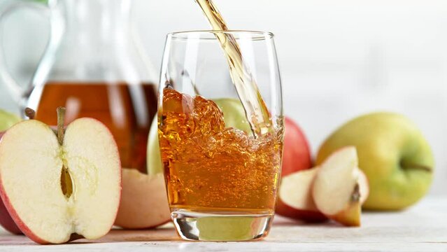 
Super slow motion of pouring apple juice into glass. Placed on white table with kitchen interior. Filmed on high speed cinema camera, 1000 fps. Speed ramp effect.
