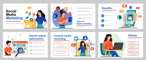 Business presentation templates. Social media marketing concept for presentation slide template. People promote business online, make advertising campaigns, attract customers, increase income.