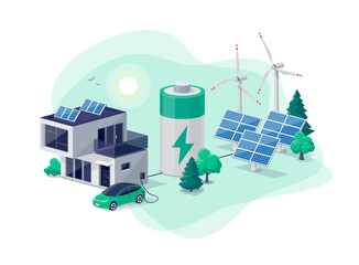 Home virtual battery energy storage with modern house photovoltaic solar panels plant, wind and rechargeable li-ion electricity backup. Electric car charging on renewable smart power off-grid system. © petovarga