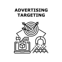 Advertising Targeting Vector Icon Concept. Advertising Targeting In Social Media, Promotion Marketing System For Reaching Audience. Internet Online Advertise For Client And Customer Black Illustration