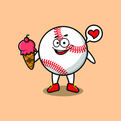 Cute Cartoon baseball ball character holding ice cream cone