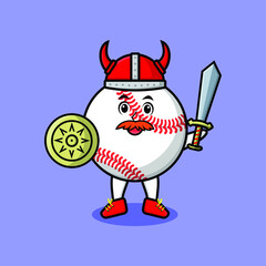 Cute cartoon character Baseball ball viking pirate with hat and holding sword and shield