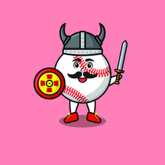 Naklejka premium Cute cartoon character Baseball ball viking pirate with hat and holding sword and shield