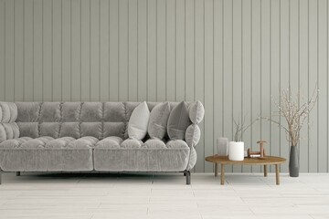 Grey living room with sofa. Scandinavian interior design. 3D illustration