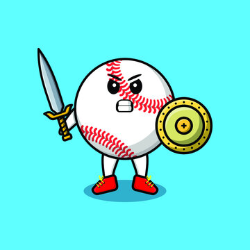 Cute cartoon character Baseball ball holding sword and shield 