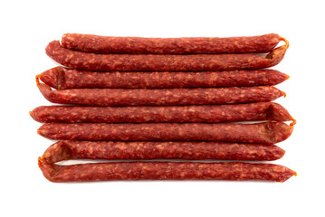 Thin dry sausages or sausages on a white background. Sausages isolate