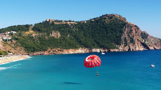 Aerial Parasailing Over Alanya Cleopatra Beach & Castle, Turkish Coast