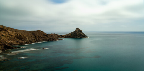 panorama view of the wild and rugged coastline of the Cabo de Gata Nature Reserve in Andalusia