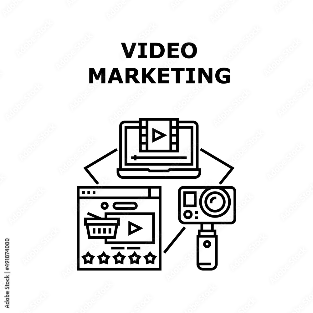 Poster video marketing vector icon concept. camera digital device and computer software for creation and ma