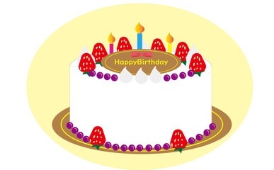 苺とブルーベリーのかわいいバースデーケーキのイラスト。ろうそく・チョコプレート