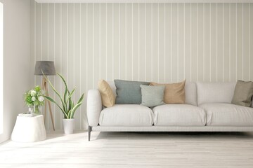 White living room with sofa. Scandinavian interior design. 3D illustration