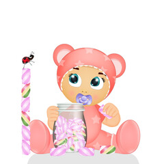 Illustration of baby girl with marshmallows