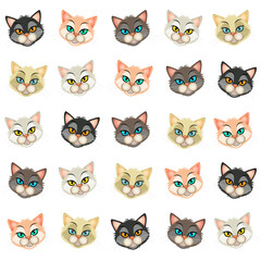 illustration of various faces of kittens on white background