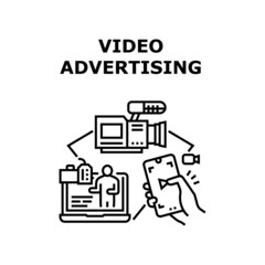 Video Advertising Vector Icon Concept. Camera Electronic Device For Making Video Advertising And Watching Promotional Clip On Laptop Screen Or Smartphone Display Black Illustration