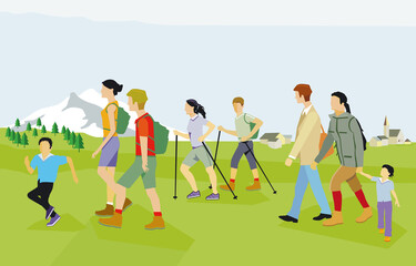 Fototapeta premium Wandern mit Familie in den Bergen, Illustration