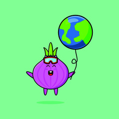Cute cartoon onion floating with onion world balloon cartoon vector illustration in concept 3d cartoon style