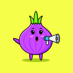 Cute Cartoon onion character speak with megaphone in 3d cartoon style concept