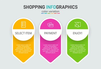 Concept of shopping process with 3 successive steps. Three colorful graphic elements. Timeline design for brochure, presentation, web site. Infographic design layout.