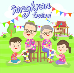Obraz na płótnie Canvas Cartoon cute family in Songkran Festival.