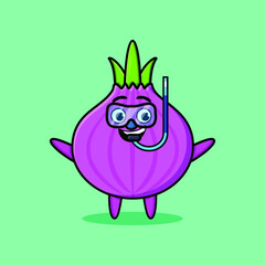 Cute cartoon onion diver with swimming glass in 3d modern style design